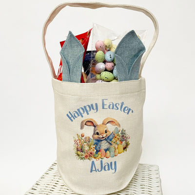Happy Easter Personalised Printed Easter Basket & Handle with Blue Ears