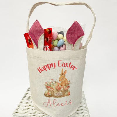 Happy Easter Personalised Printed Easter Basket & Handle with Pink Ears