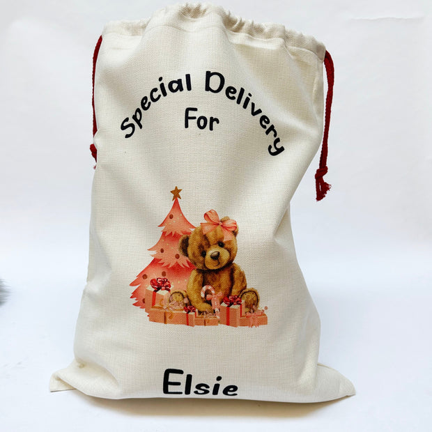 'Special Delivery For' Printed Personalised Santa Sack - Pink Teddy