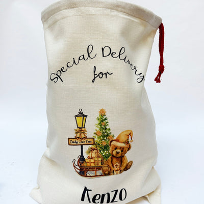 'Special Delivery For' Printed Personalised Santa Sack - Beige Teddy