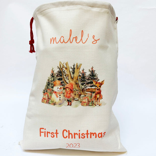 'First Christmas' Printed Personalised Santa Sack -  Winter Woodland