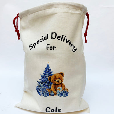 'Special Delivery For' Printed Personalised Santa Sack - Blue Teddy
