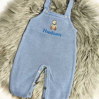 SAMPLE - Blue Knit Dungaree's with name Hudson, Size 6-12 Months