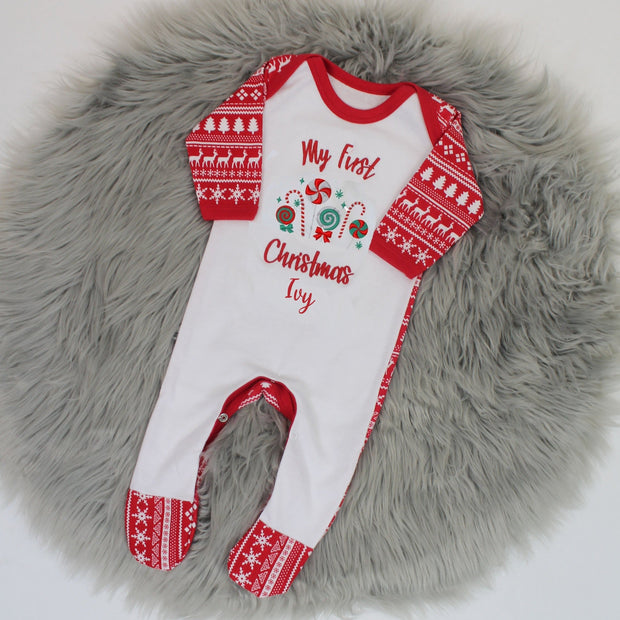 Christmas Embroidered Personalised Rompersuit - Red Candy Cane