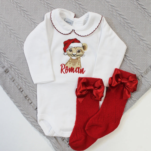 Embroidered Christmas Personalised Babyvest - Lion Cub & Santa Hat