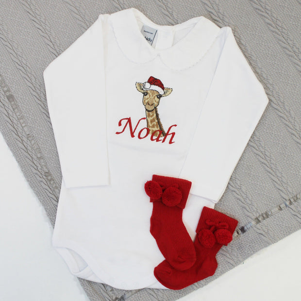 Embroidered Christmas Personalised Babyvest - Giraffe & Santa Hat