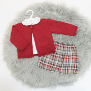 Red Knit Cardigan, Shirt & Tartan Shorts