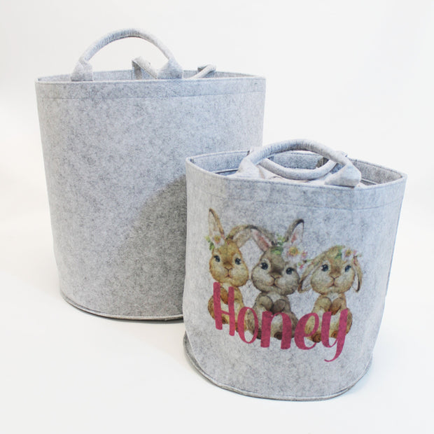 Beige, Cream or Grey Personalised Printed Basket - Floral Bunnys