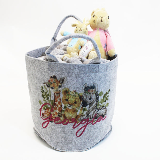 Beige, Cream or Grey Personalised Printed Basket - Floral Giraffe, Lion & Zebra