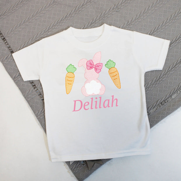Easter Pink Bunny & Carrot Personalised Embroidered T-Shirt (Various Coloured T-Shirts)