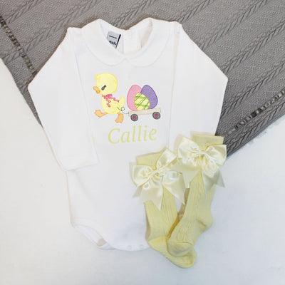 Easter Chick & Cart Girly Embroidered Personalised Babygrow