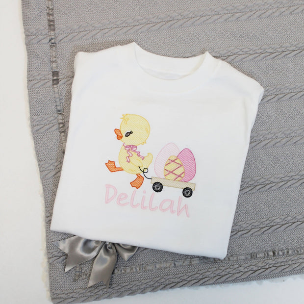 Easter Girly Chick & Cart Personalised Embroidered T-Shirt (Various Coloured T-Shirts)