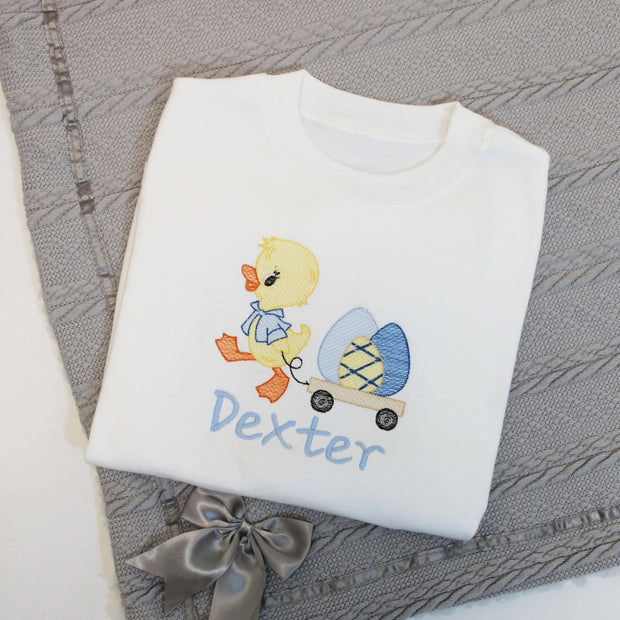 Easter Boy Chick & Cart Personalised Embroidered T-Shirt (Various Coloured T-Shirts)