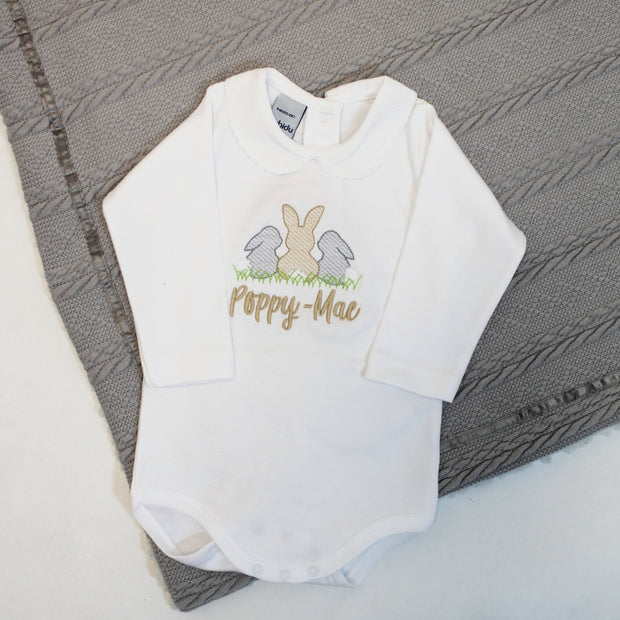 Easter Beige Bunnys Embroidered Personalised Babygrow