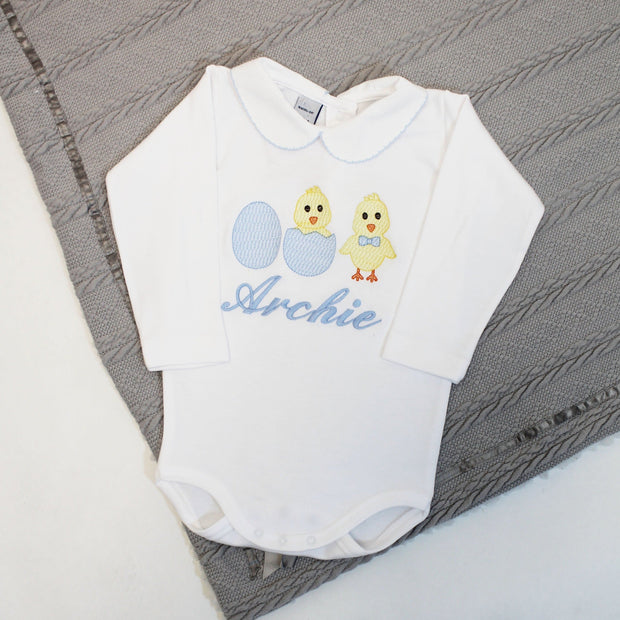 Easter Blue Chick & Eggs Embroidered Personalised Babygrow