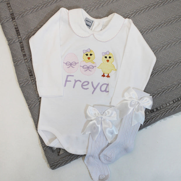 Easter Pink Chicks & Eggs Embroidered Personalised Babygrow
