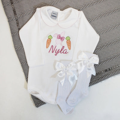 Easter Pink Rabbit & Carrots Embroidered Personalised Babygrow