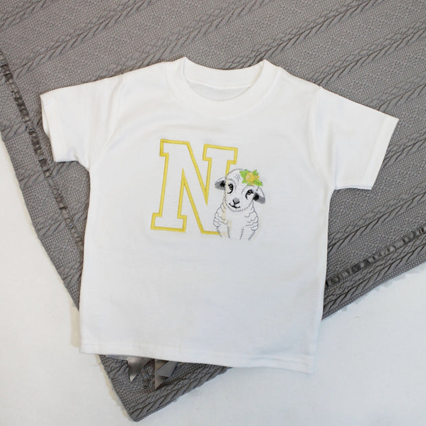 Spring Initial & Lamb Personalised Embroidered T-Shirt (Various Coloured T-Shirts & Animals)