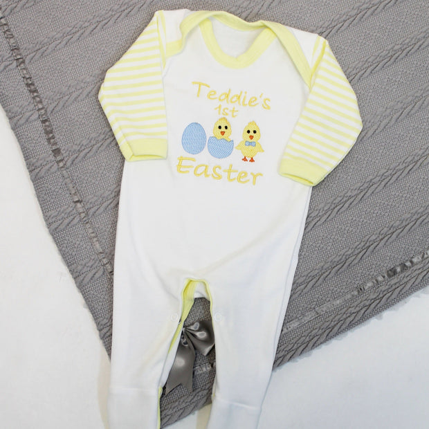 'Names' First Easter Personalised Embroidered Rompersuit - Blue Chick & Eggs