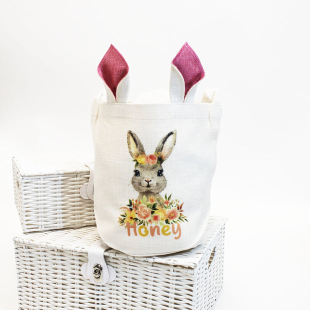 Personalised Printed Easter Basket & Handle with Pink Ears