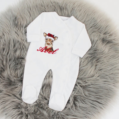 Christmas Animal with Santa Hat Embroidered Personalised Popper Sleepsuit - Various Colours