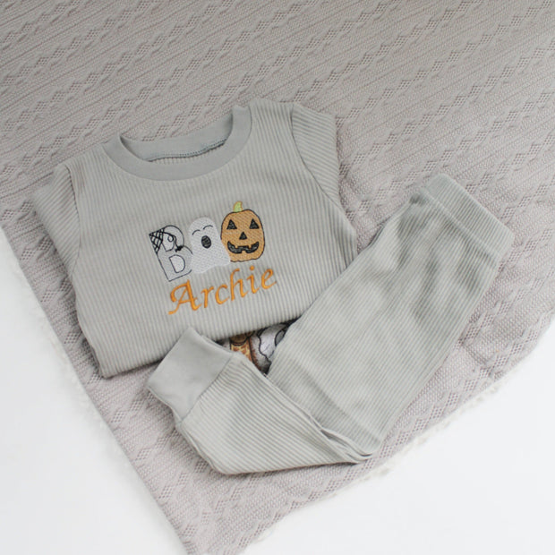 'Boo' Halloween Ribbed Embroidered Personalised Loungeset - Various Colours