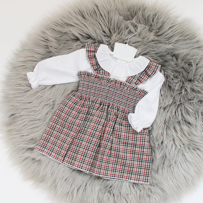 Brown Tartan Pinafore Dress & Frill Collar Shirt
