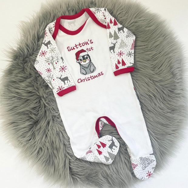Embroidered Christmas Personalised Rompersuit - Penguin