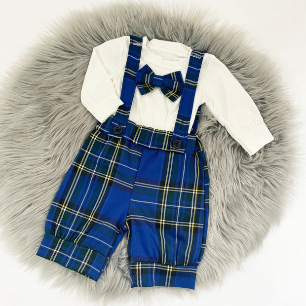 Blue Tartan Dungaree Shorts with Bow Tie