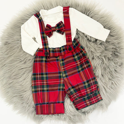 Red Tartan Dungaree Shorts with Bow Tie