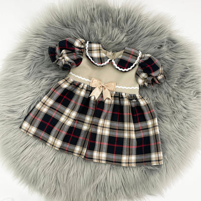 Beige/Black Tartan Broderie Collar Dress