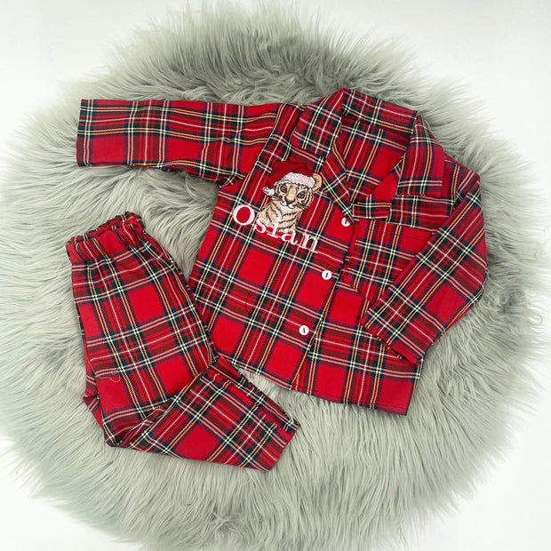 Tartan Embroidered Personalised Christmas Pyjamas - Various Animal Options