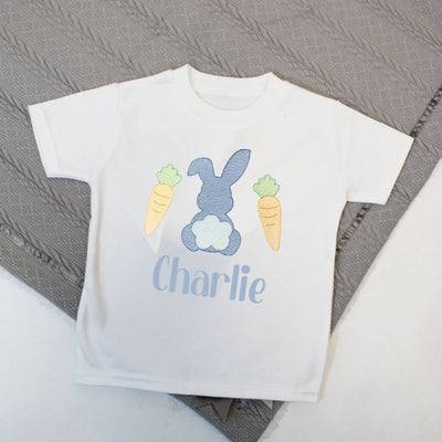 Easter Blue Rabbit & Carrots Personalised Embroidered T-Shirt (Various Coloured T-Shirts)