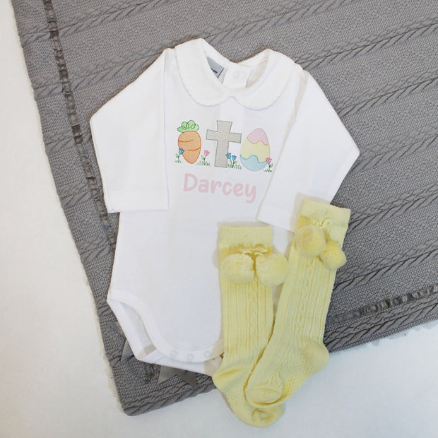 Easter Carrot, Cross & Egg Embroidered Personalised Babygrow