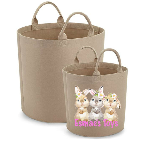 Beige, Cream or Grey Personalised Printed Basket - Floral Bunnys