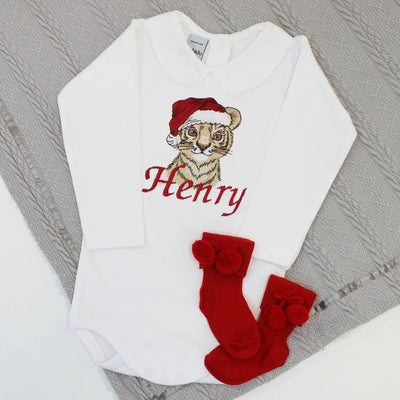 Embroidered Christmas Personalised Babyvest - Santa Tiger