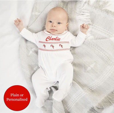Candy Cane White Velour Christmas Sleepsuit (Can be Personalised)