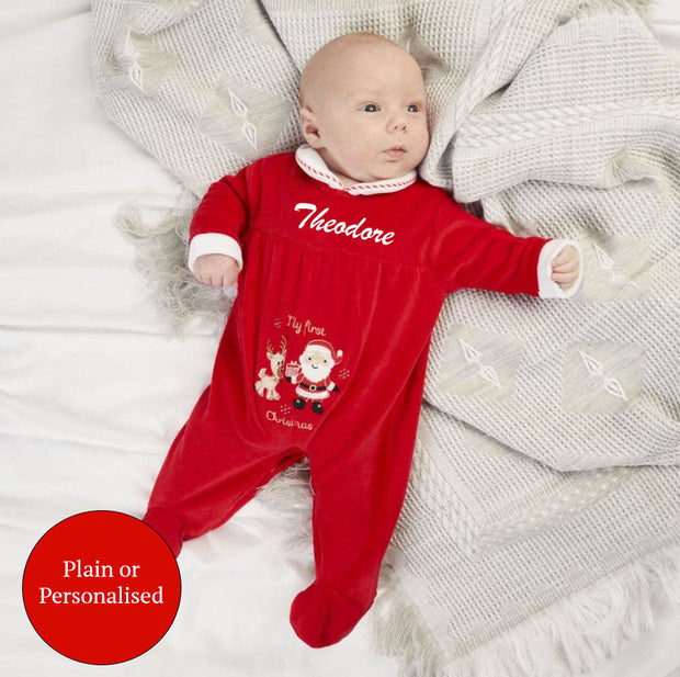 Red 'My First Christmas' Velour Christmas Sleepsuit (Can be Personalised)