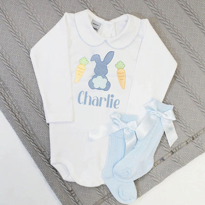 Easter Blue Rabbit & Carrots Embroidered Personalised Babygrow