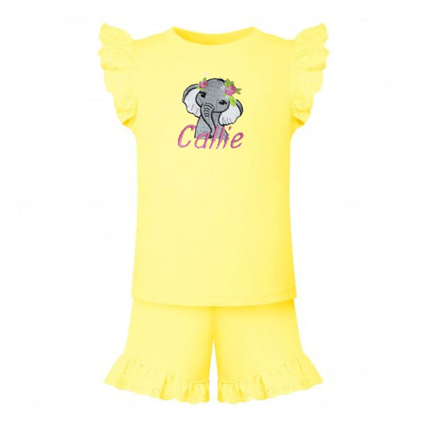 Animal Personalised Embroidered Frill Broderie Top & Shorts Set - Lemon