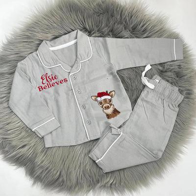 Christmas Classic Long Sleeved Cotton Pyjamas - Name Believes & Animal on front