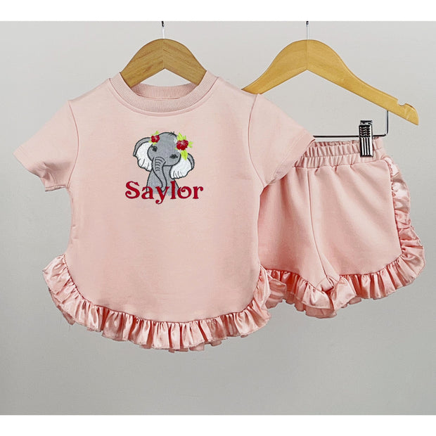 Baby Pink Satin Frilled Hem T-Shirt & Shorts Set