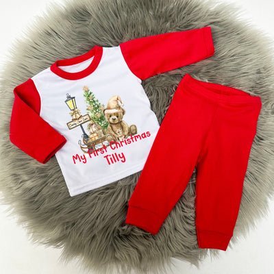 Red & White Printed Christmas Pyjamas -  Beige Teddy Design