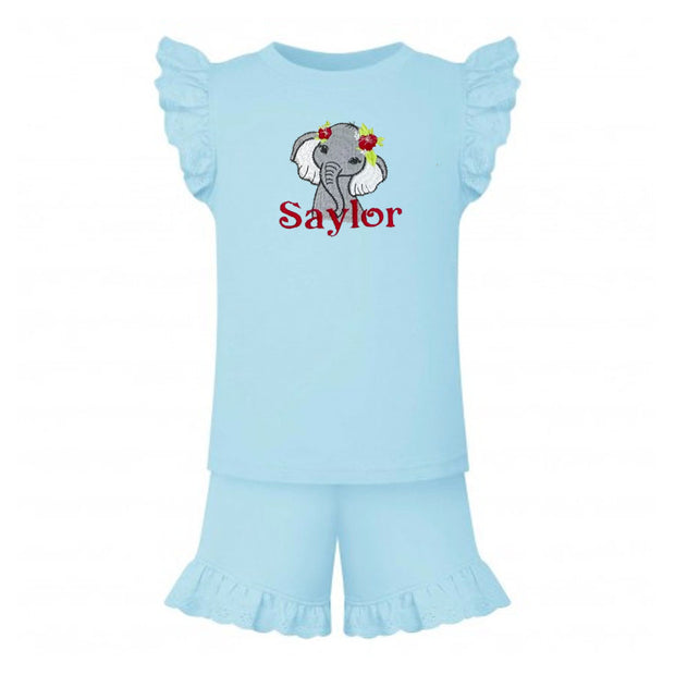 Animal Personalised Embroidered Frill Broderie Top & Shorts Set - Mint Green