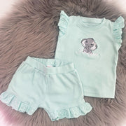 Animal Personalised Embroidered Frill Broderie Top & Shorts Set - Mint Green