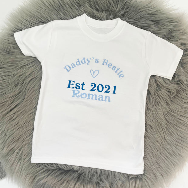 'Daddy's Bestie' Father's Day Personalised Embroidered T-Shirt - Blue Writing
