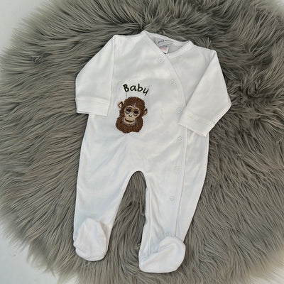 SAMPLE - Monkey embroidered ‘Baby & Name’ sleepsuit Newborn