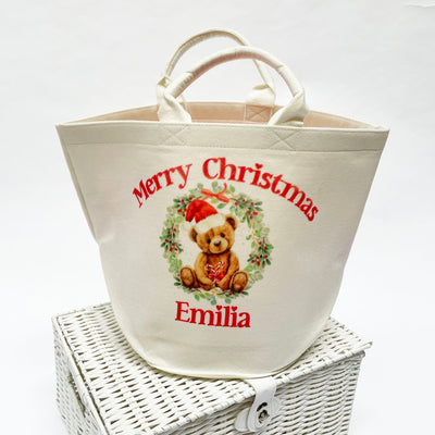 Merry Christmas Personalised Printed Basket - Teddy Wreath