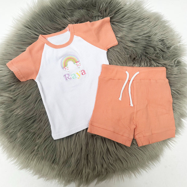 Pastel Rainbow Short Sleeved Embroidered Personalised Ribbed T-Shirt & Shorts