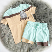 Mint, Brown & Cream Block Colour Personalised Embroidered Top & Shorts